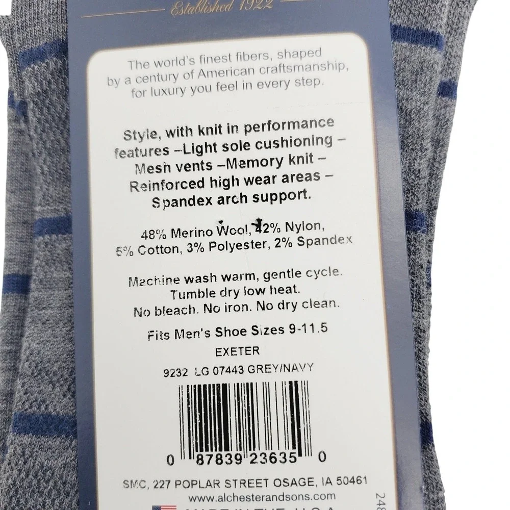Extra Fine Merino Wool Stripe Crew Socks Mens Large Grey Navy Alchester Exeter